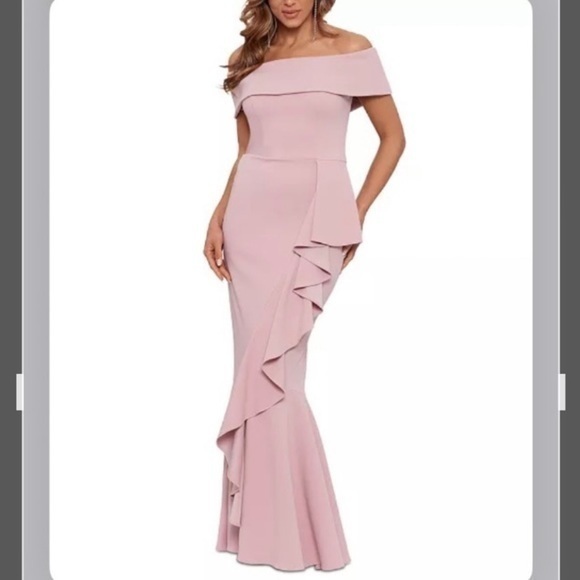 Betsy & Adam Dresses & Skirts - BETSY & ADAM Off-The-Shoulder Cascading Ruffle Mermaid Gown in Rose Size 10